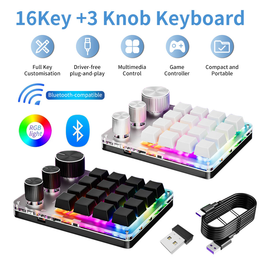 Gaming Keyboard Mini Mechanical - Drahtloses Bluetooth-Programmier-Makro, benutzerdefinierte 16-Tasten-Tastatur mit 3