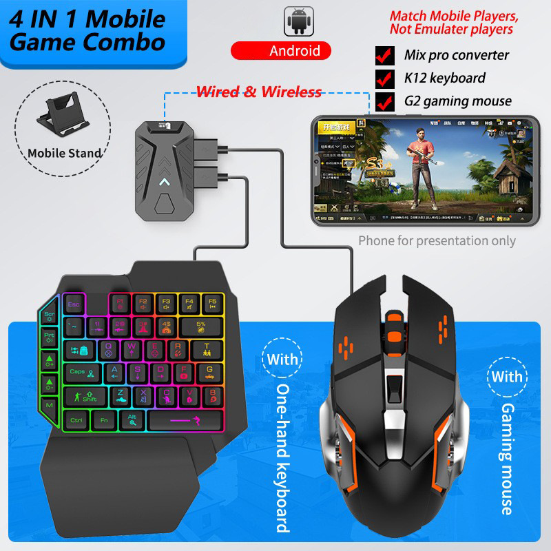 Gaming Keyboard And Mouse Mobile - Handy-Spiele-Konverter, Gaming-Tastatur und Maus-Set, One-Hand-Gamer-Tastatur-Controller, Bluetooth,
