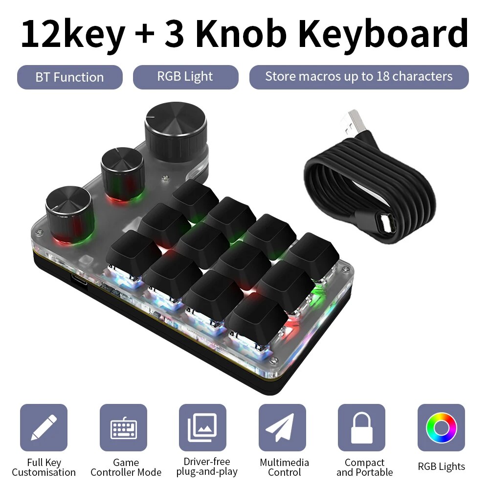 Gaming Keyboard Mini Mechanical - Bluetooth-Programmier-Makro, benutzerdefinierte 3-Knopf-Tastatur, RGB, 12 Tasten,